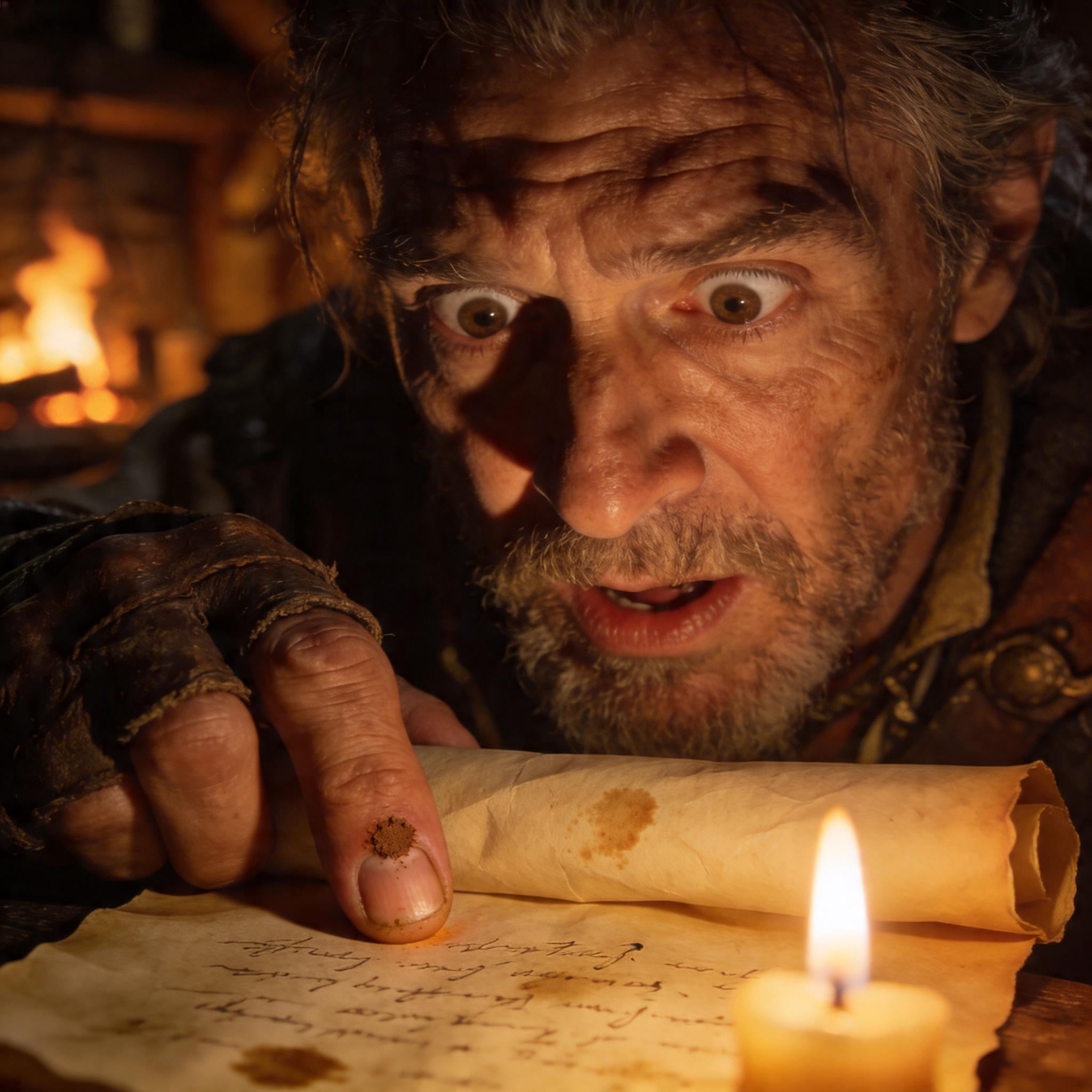 An adventurer reads an old letter by candlelight