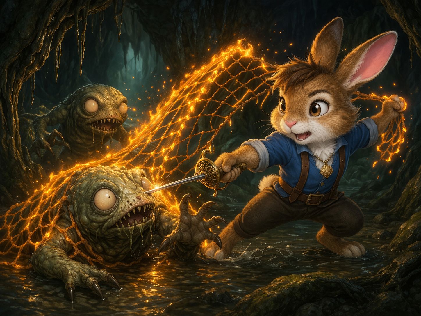 Caspian throws flaming net