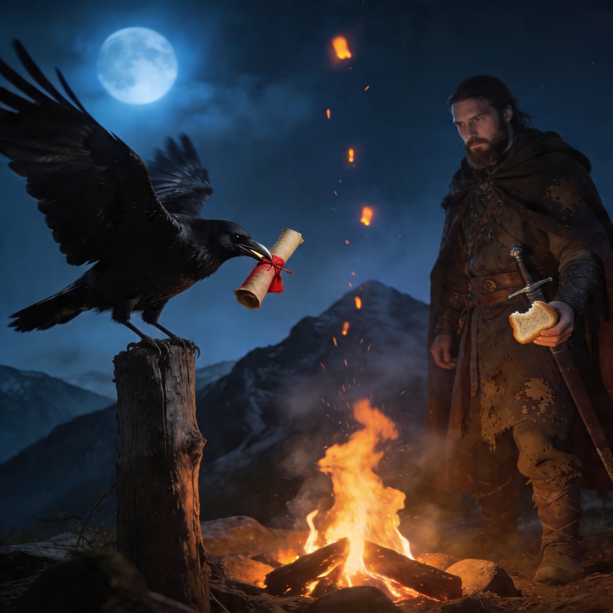 A raven arrives with a scroll at a campfire
