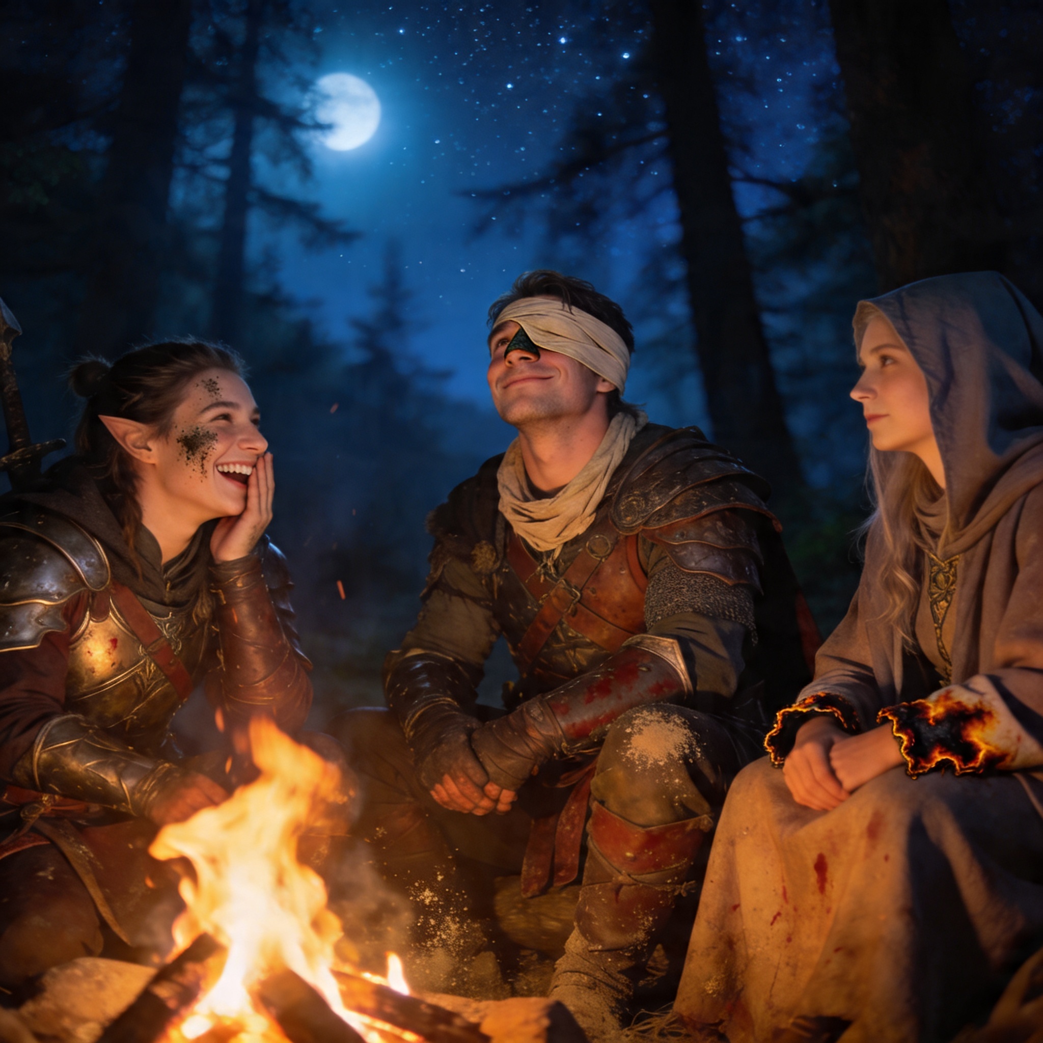 A fantasy party around a campfire