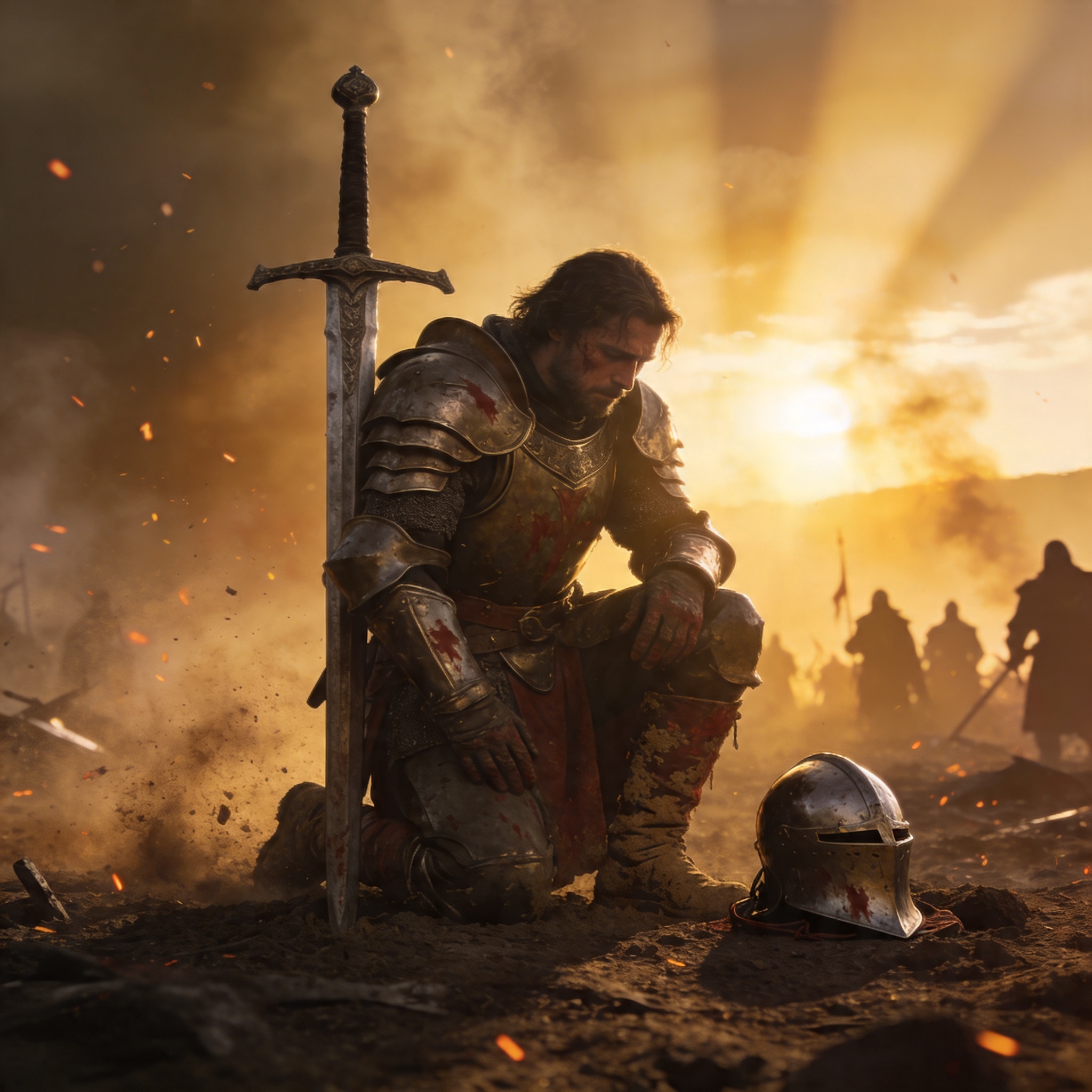 A paladin kneels after an impossible battle