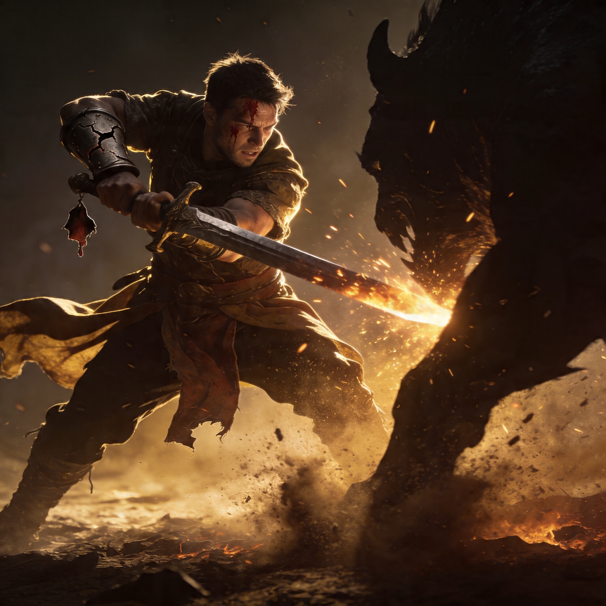 A warrior striking against a massive shadowy beast